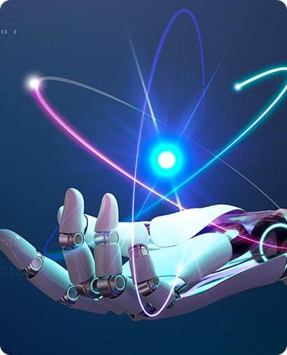 Robotic hand holding a glowing atom