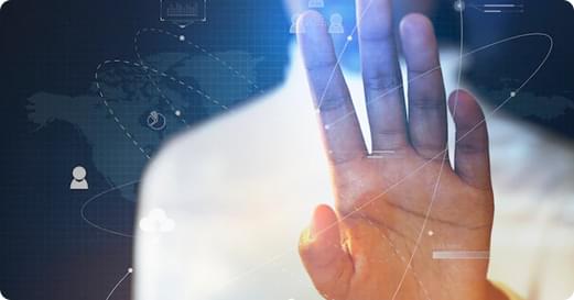 Hand interacting with a holographic data interface
